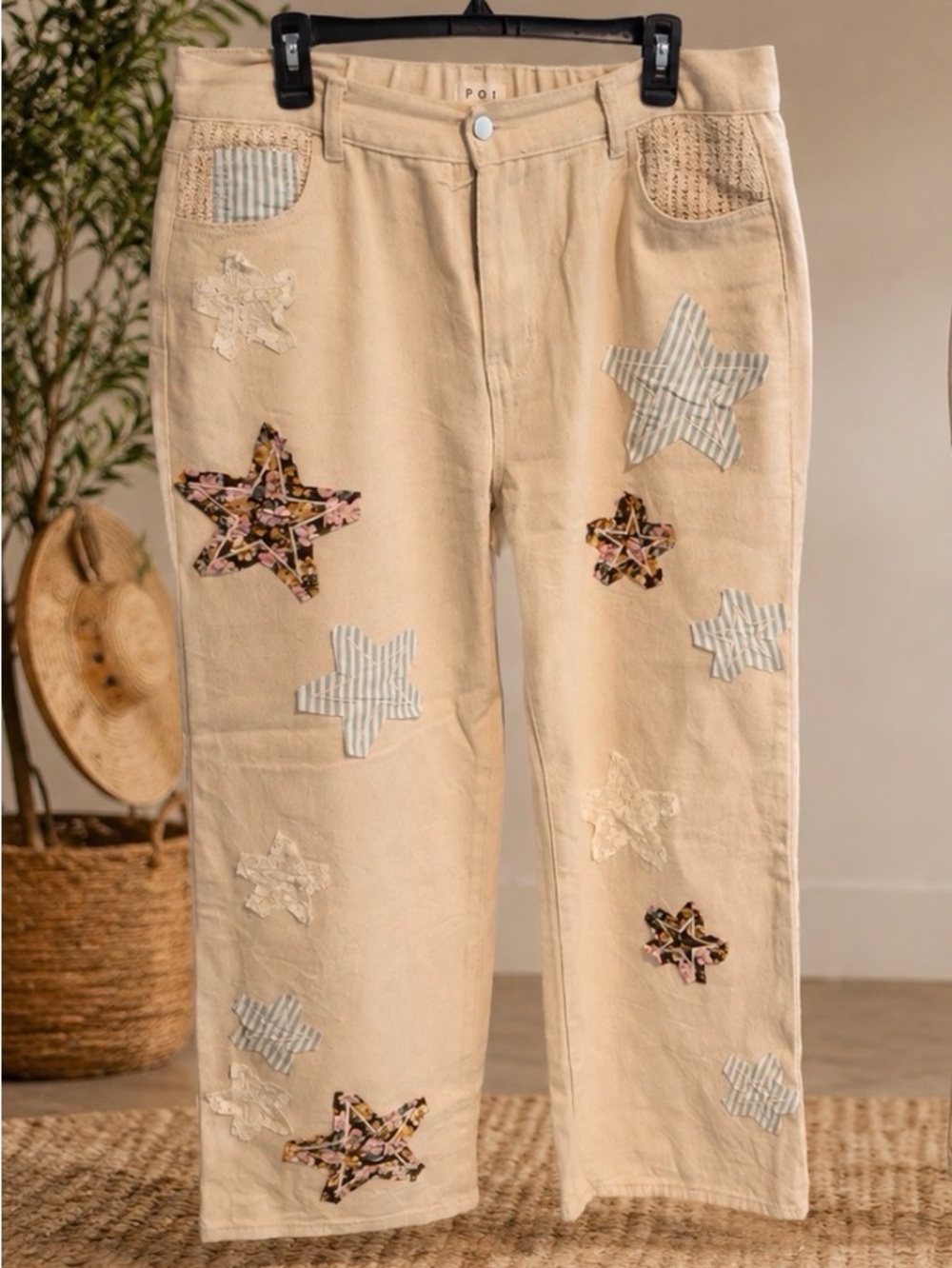 POL Beige Star PatchWork Cotton Pants waist 18’ Inseam 29’ -NWOT